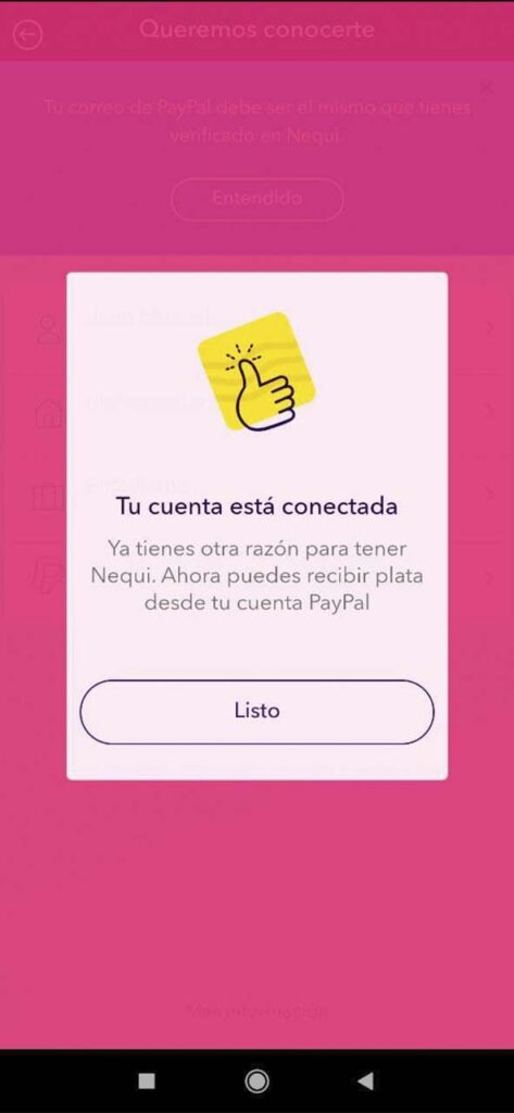 Cuenta vinculada  de Nequi a PayPal
