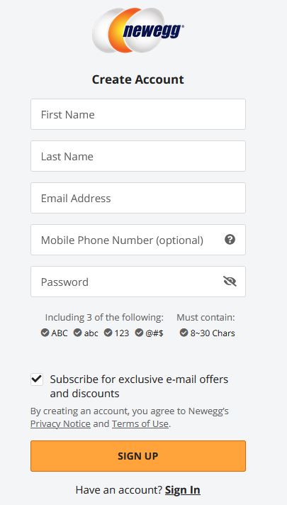 Crear cuenta en Newegg