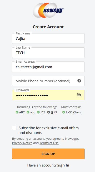 Crear cuenta en Newegg