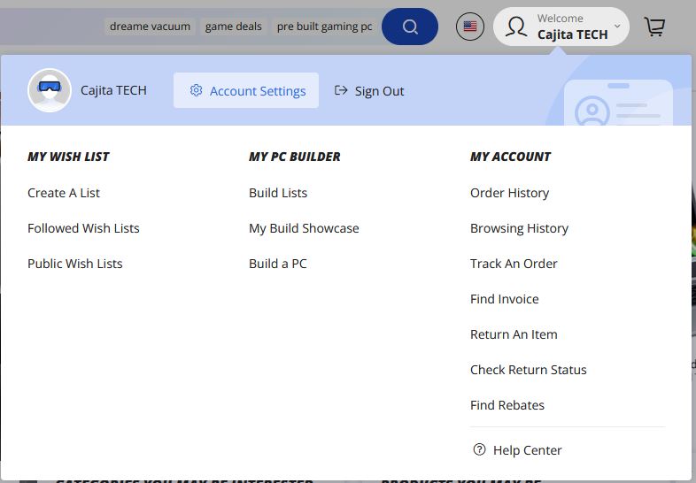 Configuración cuenta Newegg