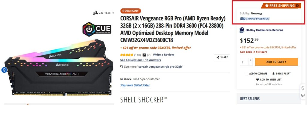 RAM CORSAIR Vendida por Newegg