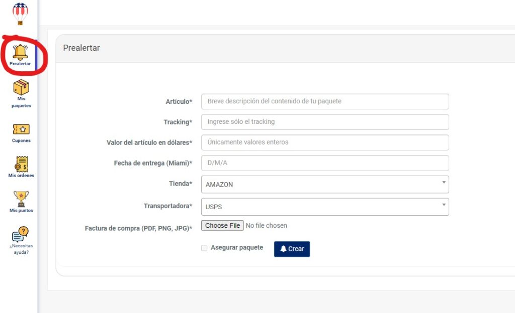 Menú PreAlertar ByOrderBox