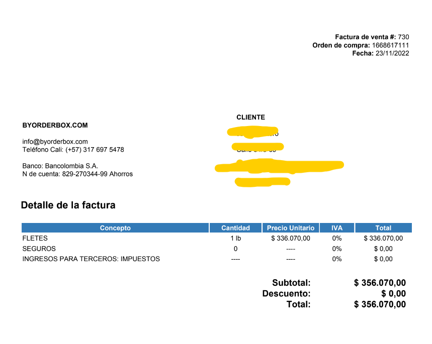 Factura de venta ByOrderBox