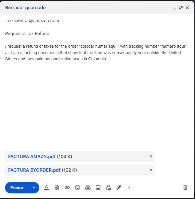 Enviar corre para pedir devolución de TAX
