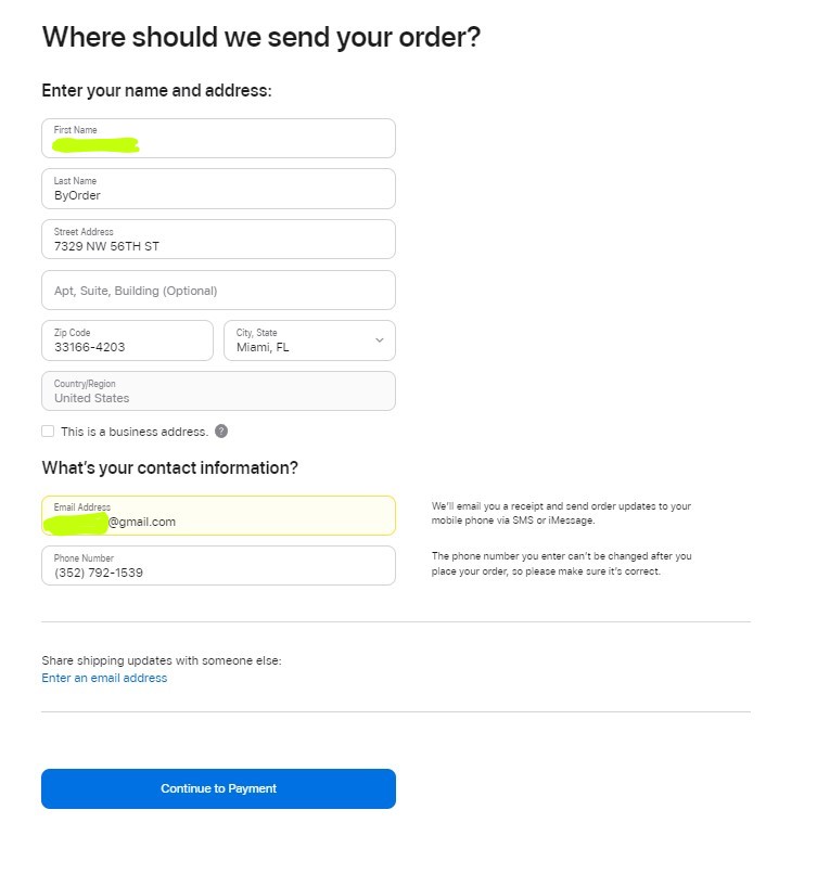 Dirección de envío Apple USA